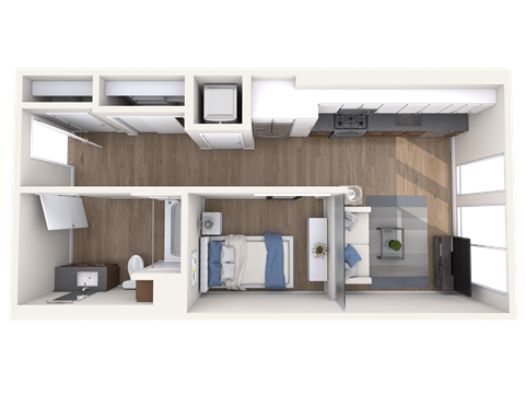 a rendering of a bedroom with a bed and a bathroom